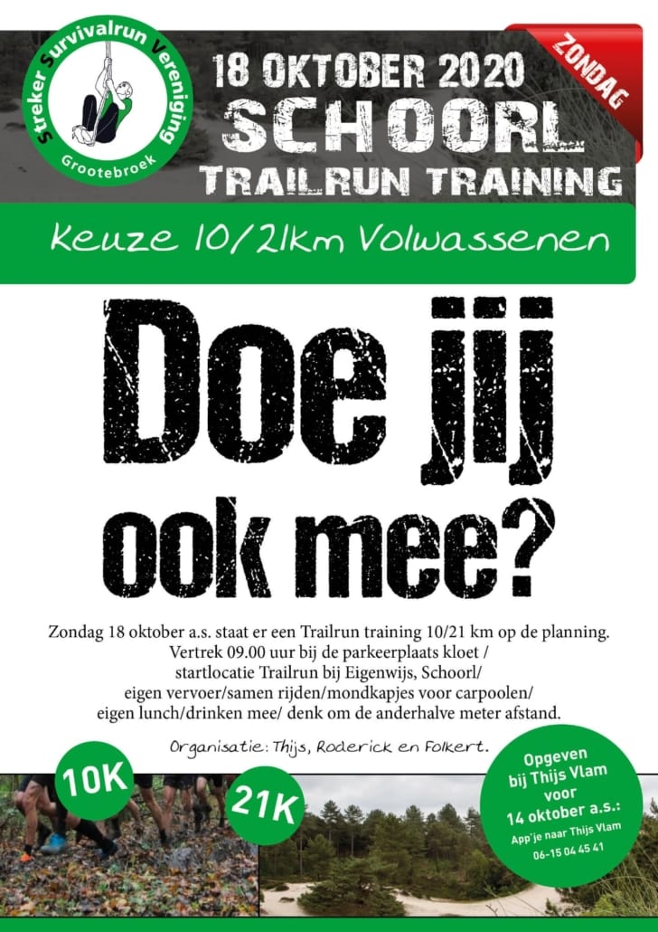 Zondag 18 oktober a.s. staat er een Trailrun training 10/21 km op de planning. Vertrek 09:00 uu rbij de parkeerplaats Kloet / startlocatie Trailrun bij Eigenwijs, Schoorl / eigenvervoer / samen rijden / mondkapjes voor carpoolen / eigen lunch/drinken mee / denk om de anderhalve meter afstand.

Organisatie: Thij Roderick en Folkert

Opgeven bij Thijs Vlam voor 14 oktober a.s. : app'je naar Thijs Vlam 06-14044541